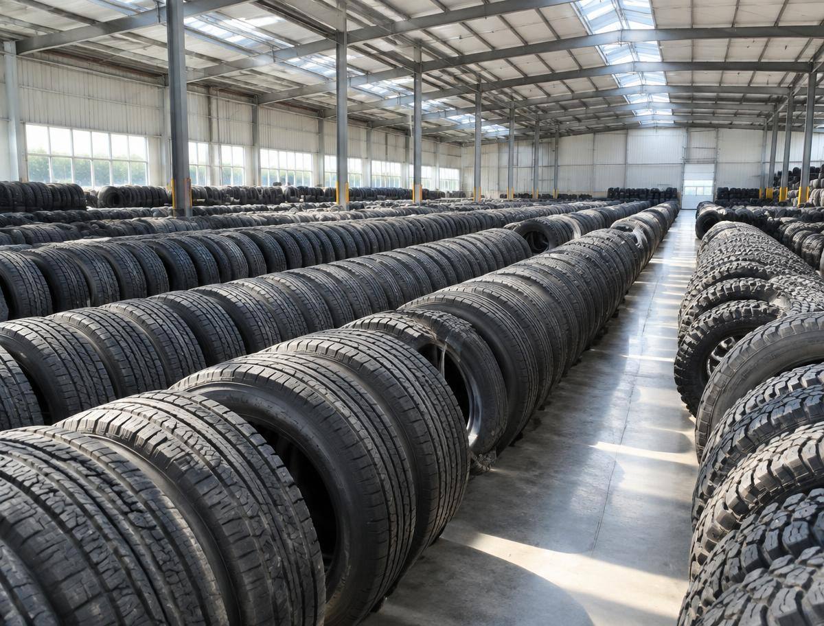 Palletized used tires staged in the Abby's Tires warehouse