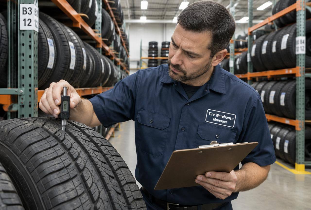 Wholesale tire inventory being inspected in the warehouse